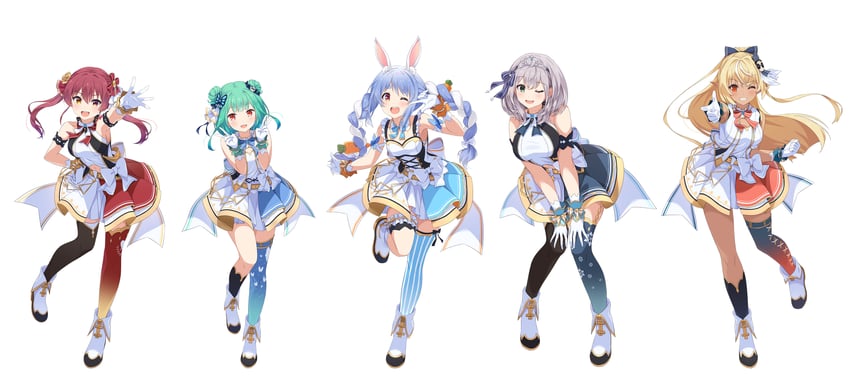houshou marine, usada pekora, shirogane noel, shiranui flare, uruha rushia, and 1 more (hololive) drawn by narumi_nanami