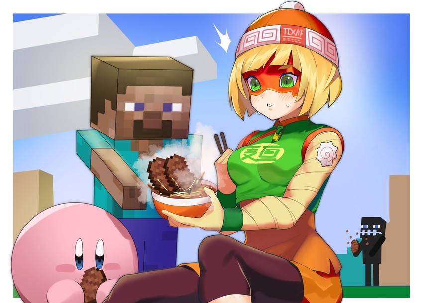 kirby, min min, enderman, and steve (kirby and 3 more) drawn by katwo