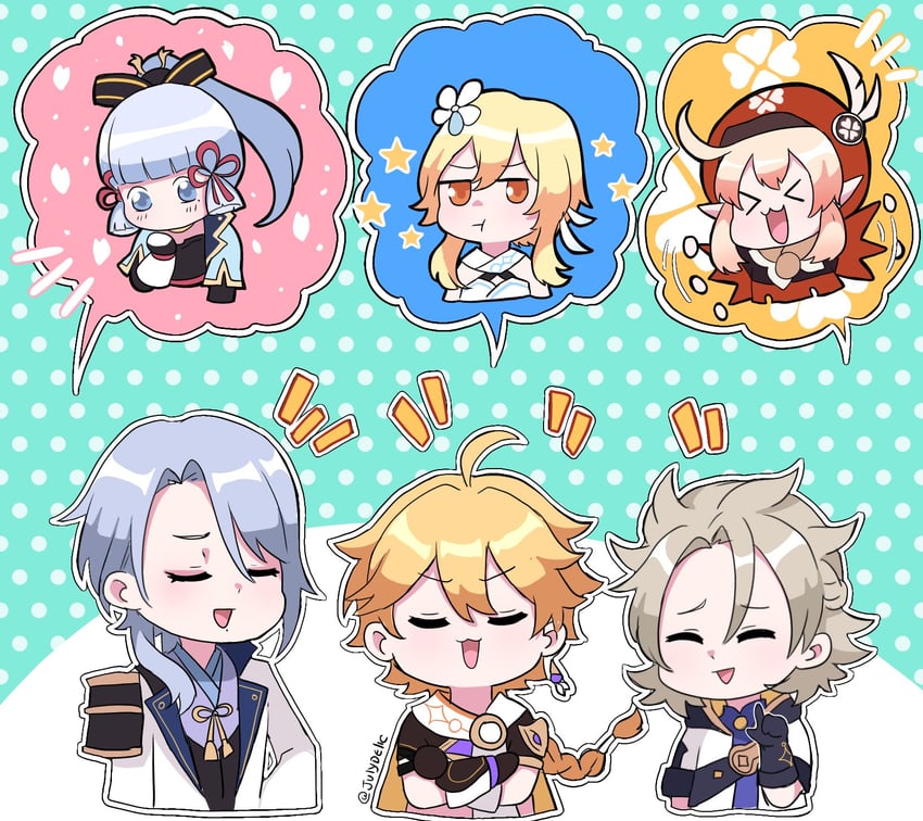 lumine, aether, kamisato ayaka, klee, albedo, and 1 more (genshin impact) drawn by julydelic