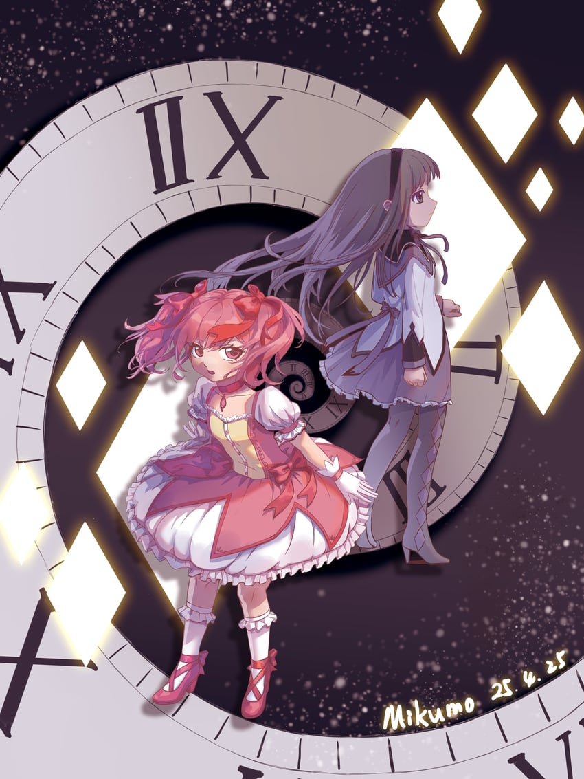 akemi homura and kaname madoka (mahou shoujo madoka magica) drawn by mikumo_maru
