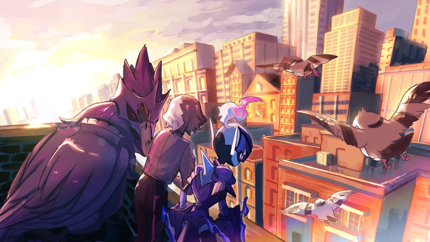 corviknight, ceruledge, amethio, and pidove (pokemon and 1 more) drawn by copituji