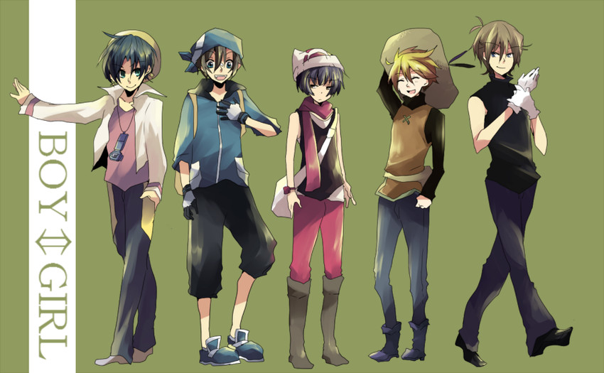 dawn, may, kris, green, and yellow (pokemon and 1 more) drawn by riku-tarou