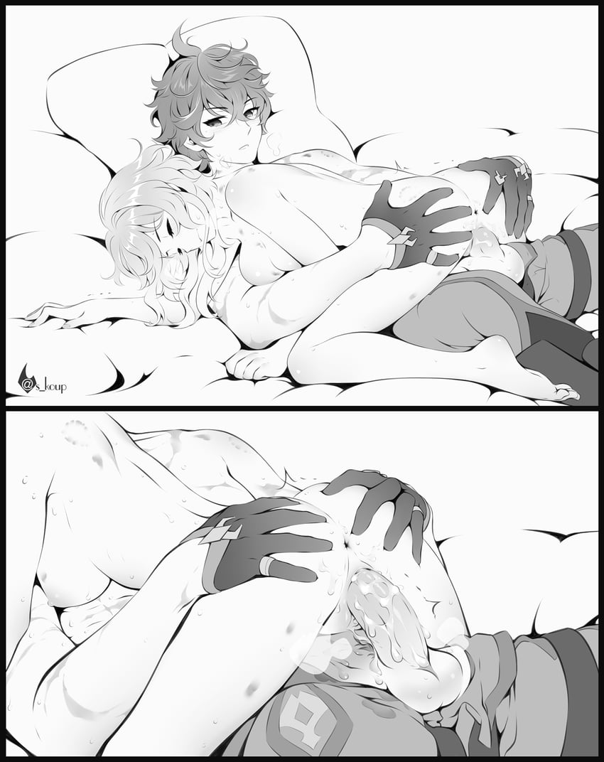 lumine and tartaglia (genshin impact) drawn by shailo