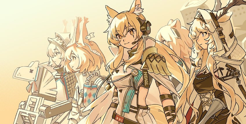 nearl, gravel, viviana, flametail, nearl the radiant knight, and 2 more (arknights) drawn by favilia