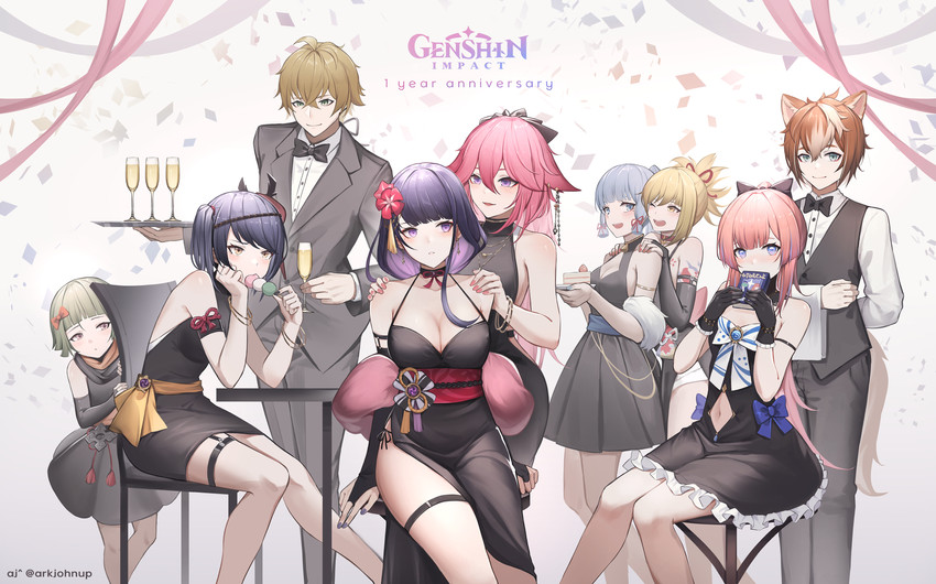 raiden shogun, kamisato ayaka, sangonomiya kokomi, yoimiya, kujou sara, and 3 more (genshin impact) drawn by ark_john_up