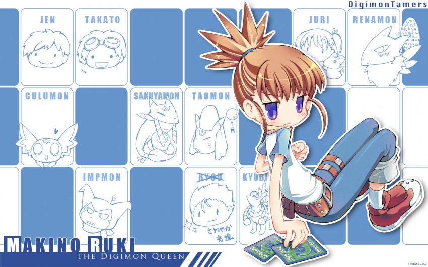 renamon, sakuyamon, makino ruki, impmon, matsuda takato, and 6 more (digimon and 1 more) drawn by =3=