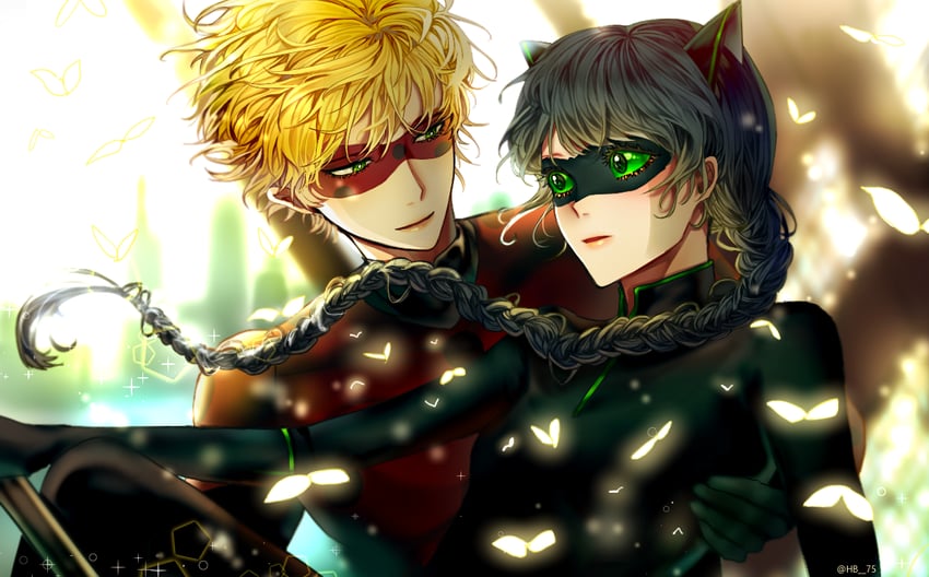 marinette dupain-cheng, adrien agreste, lady noir, and misterbug (miraculous ladybug) drawn by hshee99