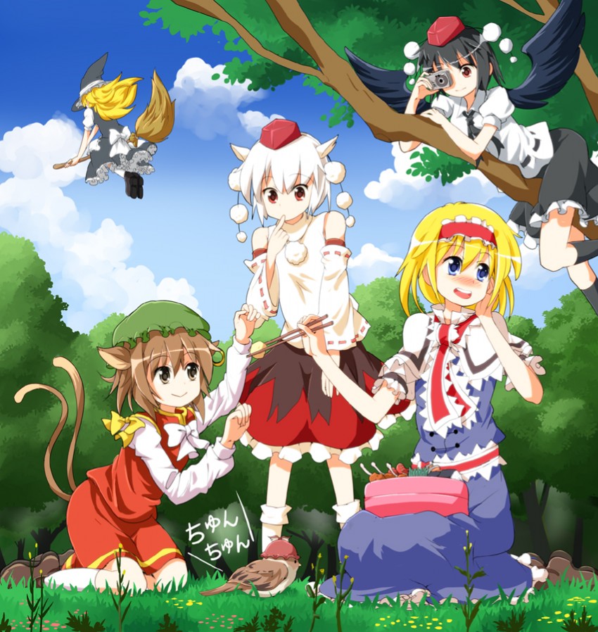 kirisame marisa, alice margatroid, shameimaru aya, inubashiri momiji, chen, and 1 more (touhou) drawn by ruu_(tksymkw)