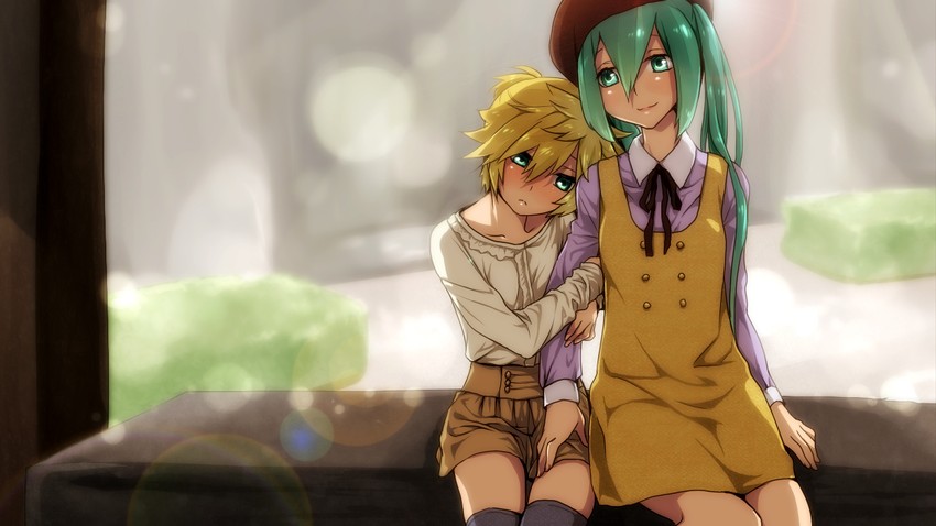 hatsune miku and kagamine len (vocaloid) drawn by oumi_sanaka