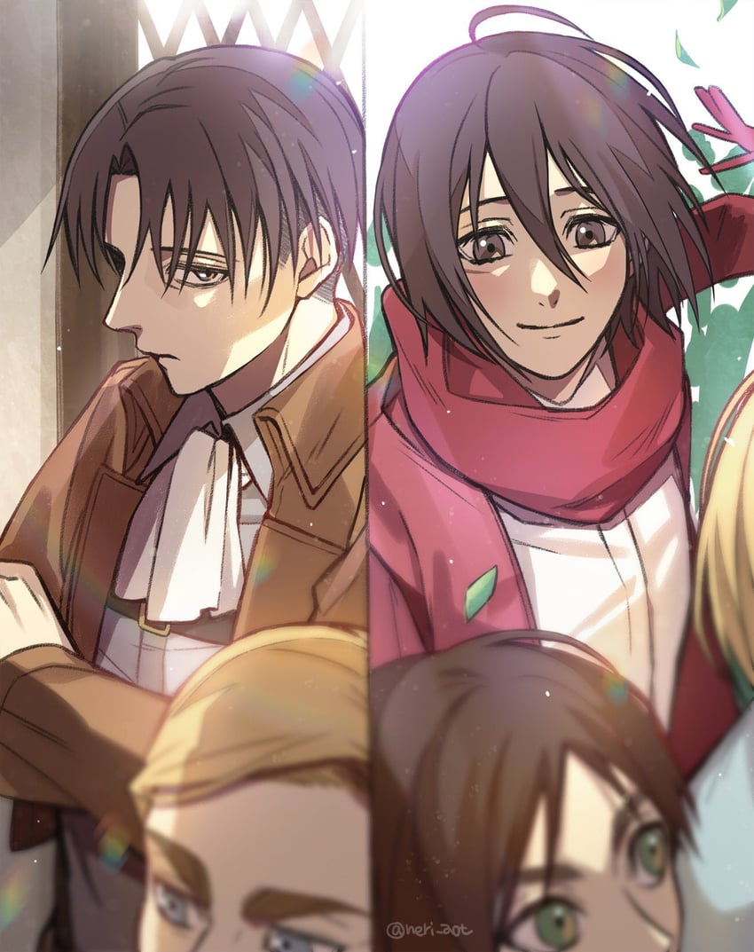mikasa ackerman, eren yeager, levi, armin arlert, and erwin smith (shingeki no kyojin) drawn by neri_aot