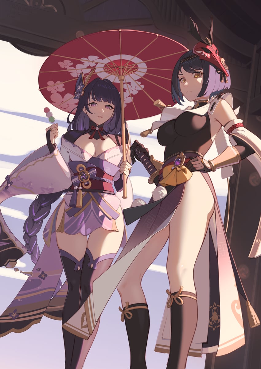 raiden shogun and kujou sara (genshin impact) drawn by cqc_no_hashi_neko