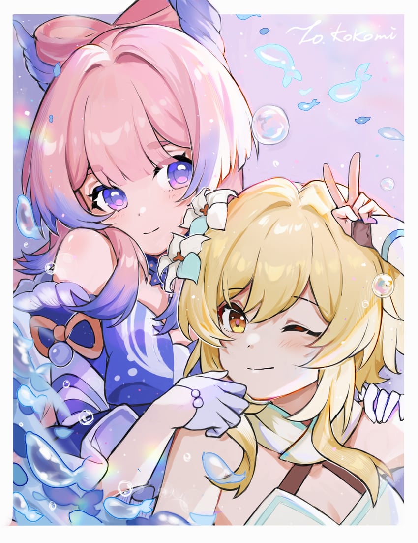 lumine and sangonomiya kokomi (genshin impact) drawn by jiggy_blunt
