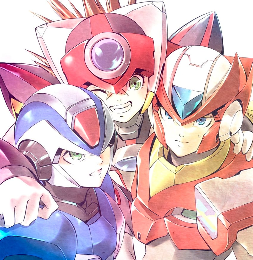 zero, x, and axl (mega man and 1 more) drawn by fujino_yuuki