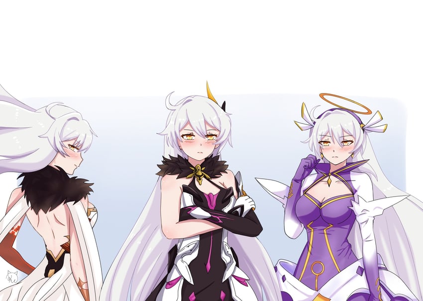 kiana kaslana, kugimiya rie, unknown god, herrscher of the end, and tao dian (genshin impact and 4 more) drawn by kudayunii