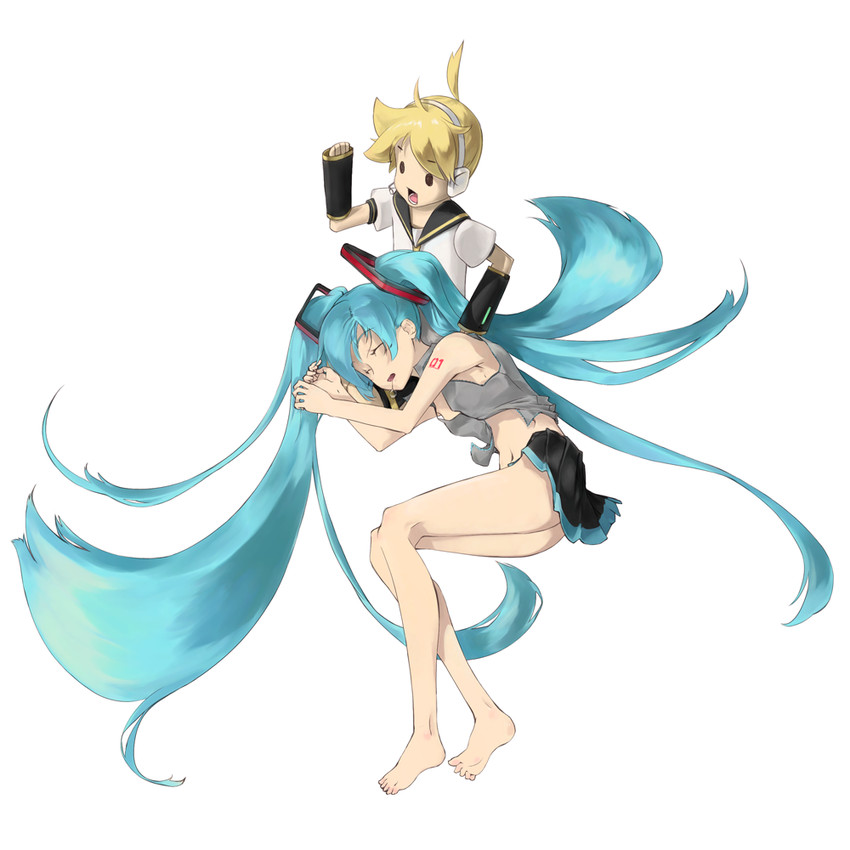 hatsune miku and kagamine len (vocaloid) drawn by moriyama_yuuki