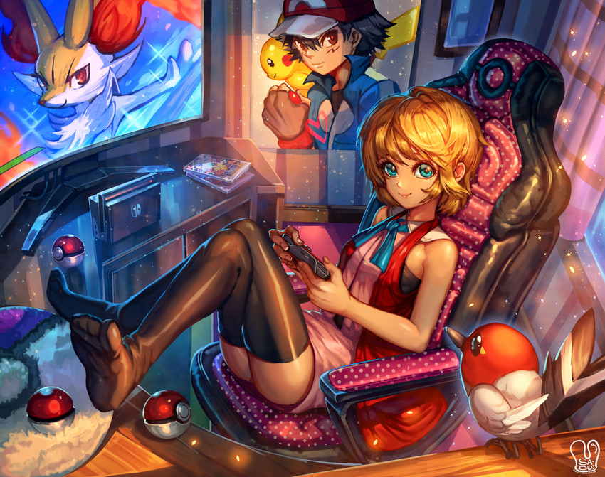 pikachu, ash ketchum, serena, braixen, and fletchling (pokemon and 2 more) drawn by sa-dui