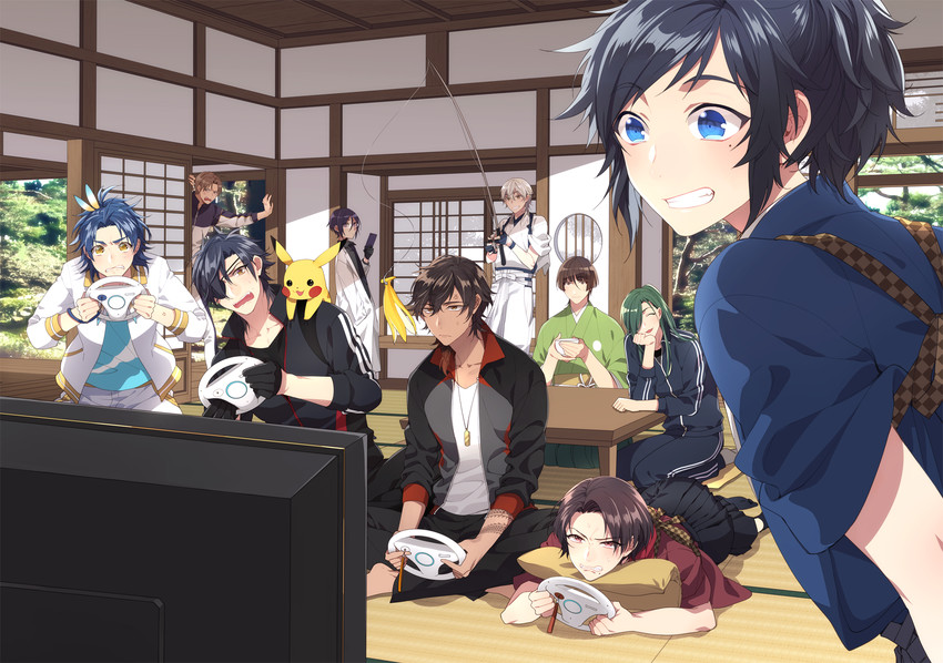 pikachu, kashuu kiyomitsu, yamato-no-kami yasusada, tsurumaru kuninaga, yagen toushirou, and 6 more (pokemon and 4 more) drawn by ko-man