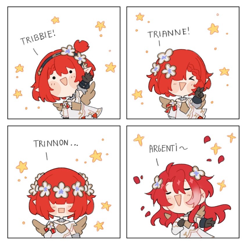 tribbie, argenti, trianne, and trinnon (honkai and 1 more) drawn by nya_deko