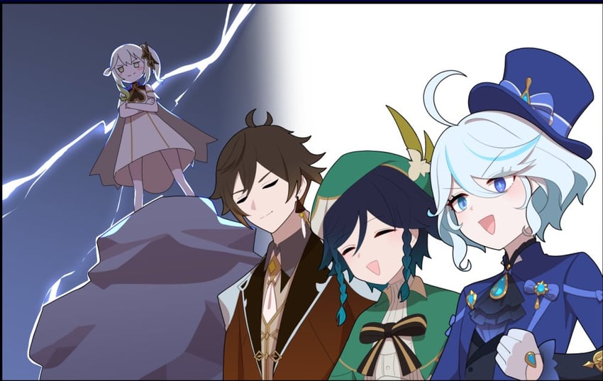 furina, nahida, zhongli, and venti (genshin impact) drawn by soku_(bluerule-graypray)