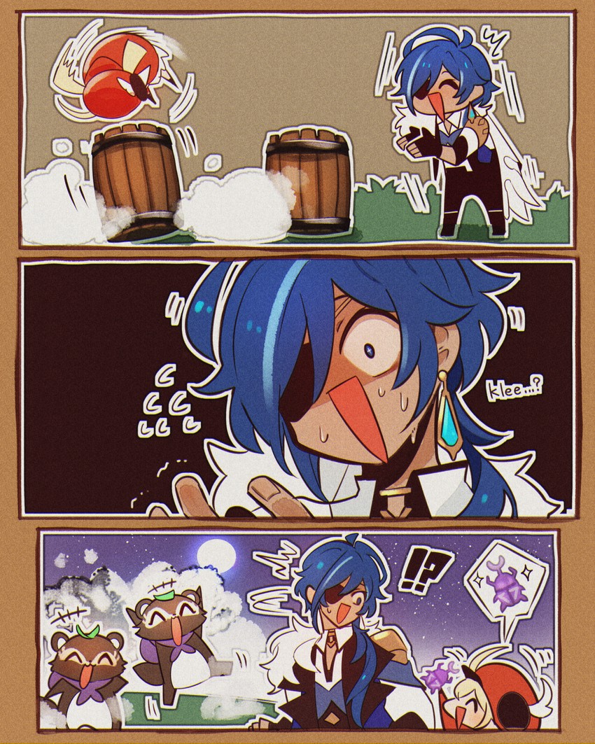 klee, kaeya, and bake-danuki (genshin impact) drawn by enpitsu01
