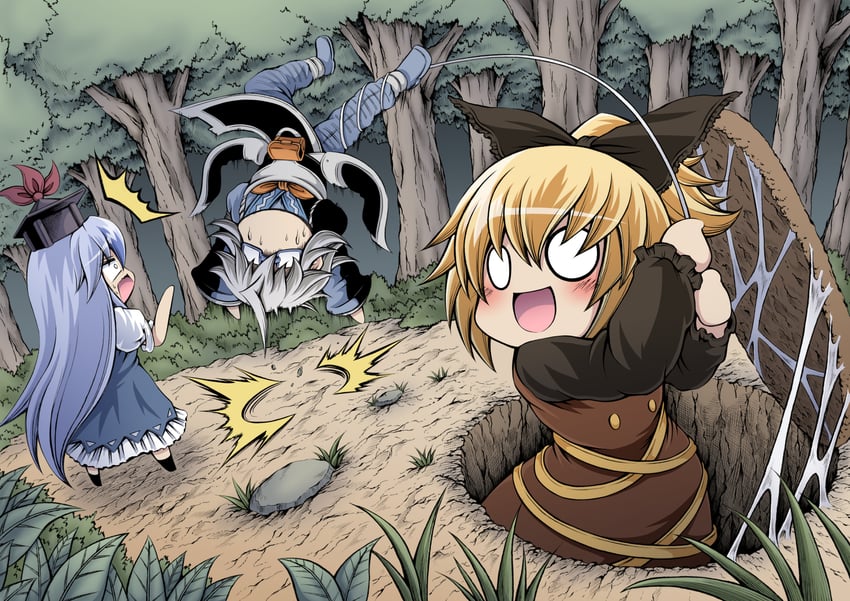 kamishirasawa keine, morichika rinnosuke, and kurodani yamame (touhou) drawn by hidefu_kitayan