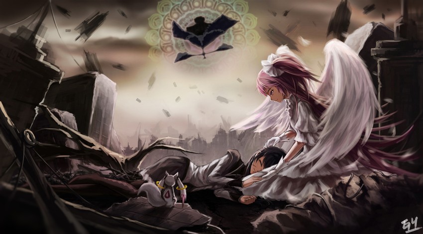 akemi homura, kaname madoka, kyubey, ultimate madoka, and walpurgisnacht (mahou shoujo madoka magica) drawn by gyicarus
