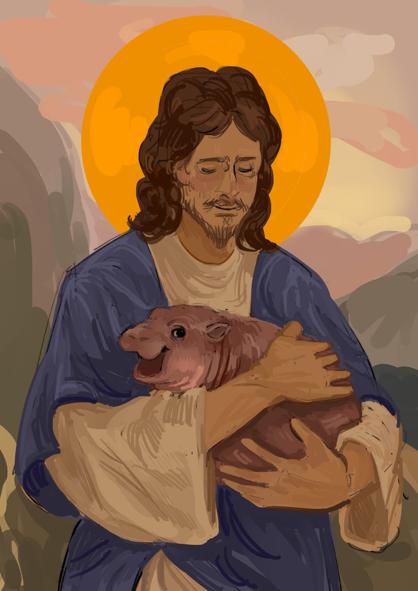 jesus and moo deng (real life and 1 more) drawn by neclapng