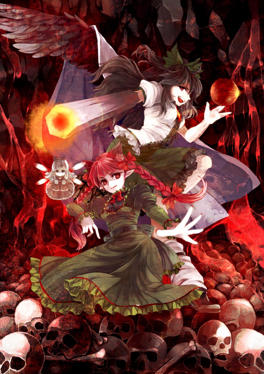 kaenbyou rin, reiuji utsuho, and zombie fairy (touhou) drawn by awa_toka