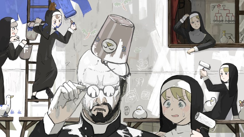 clumsy nun, froggy nun, spicy nun, strict nun, sheep nun, and 1 more (little nuns) drawn by diva_(hyxpk)