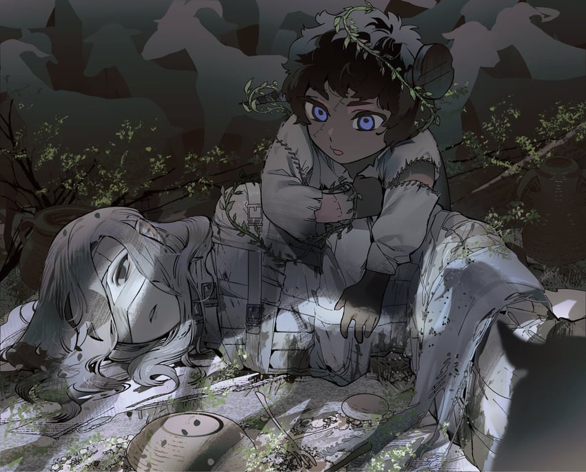 mithrun, kabru, and frankenstein's monster (dungeon meshi) drawn by gapamopa