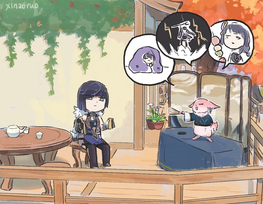 raiden shogun, yae miko, and yelan (genshin impact) drawn by xinzoruo