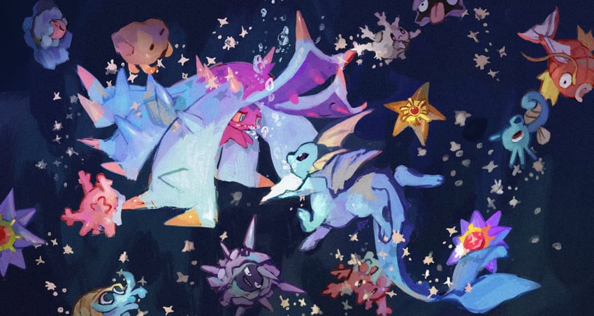vaporeon, magikarp, staryu, starmie, corsola, and 8 more (pokemon) drawn by aomidori_iro