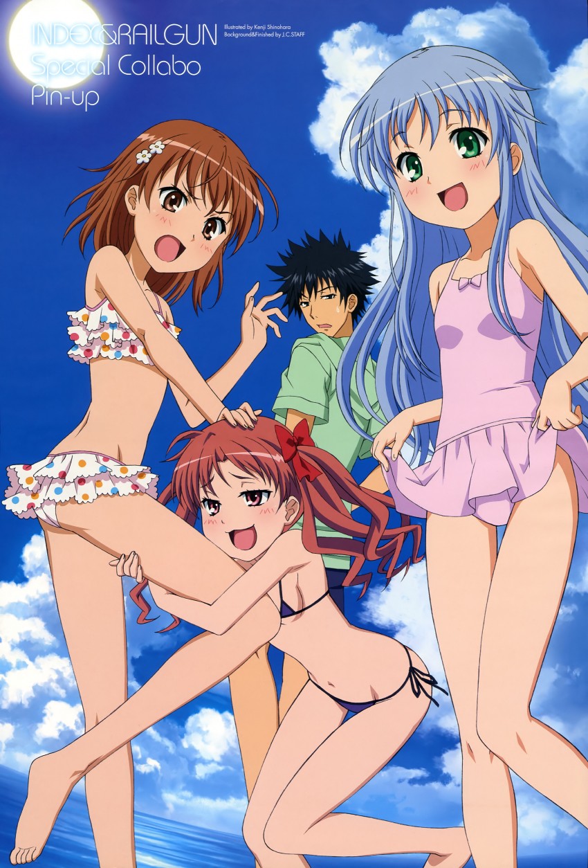 misaka mikoto, shirai kuroko, kamijou touma, and index (toaru majutsu no index and 2 more) drawn by shinohara_kenji