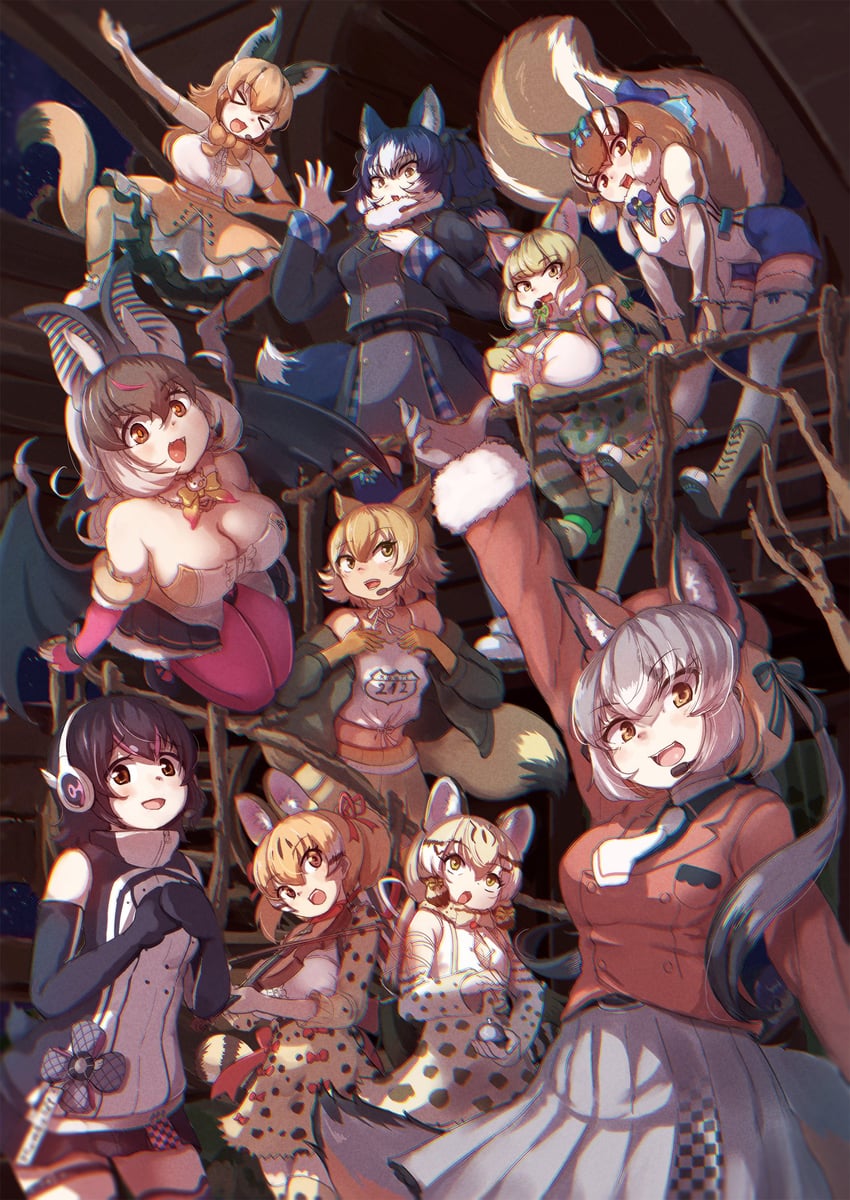 island fox, humboldt penguin, caracal, brown long-eared bat, coyote, and 5 more (kemono friends and 1 more) drawn by okyao