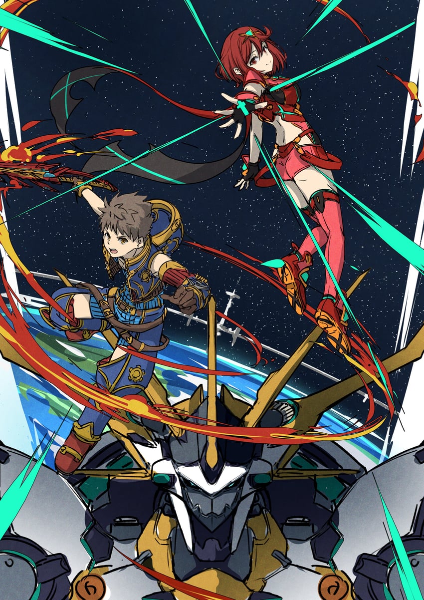 pyra, rex, and siren (xenoblade chronicles and 1 more) drawn by poteto_(potetosarada123)