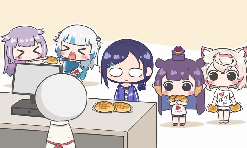 gawr gura, ninomae ina'nis, mococo abyssgard, takodachi, koseki bijou, and 1 more (hololive and 1 more) drawn by mpien