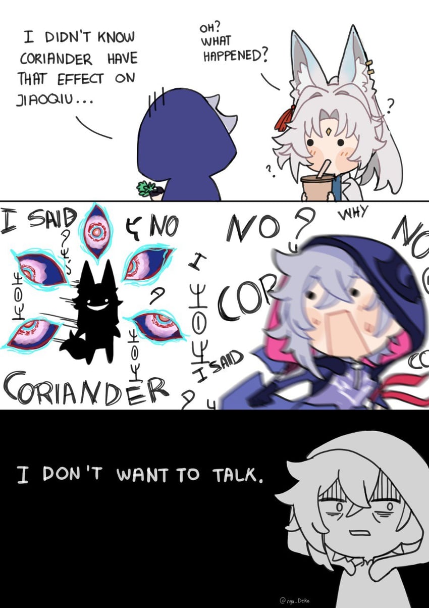 feixiao, jiaoqiu, and moze (honkai and 1 more) drawn by nya_deko