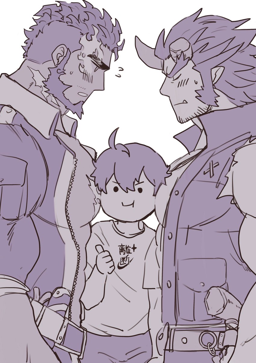 takemaru, protagonist 4, and hephaestus (tokyo afterschool summoners) drawn by 1hao_(@cerbero64)