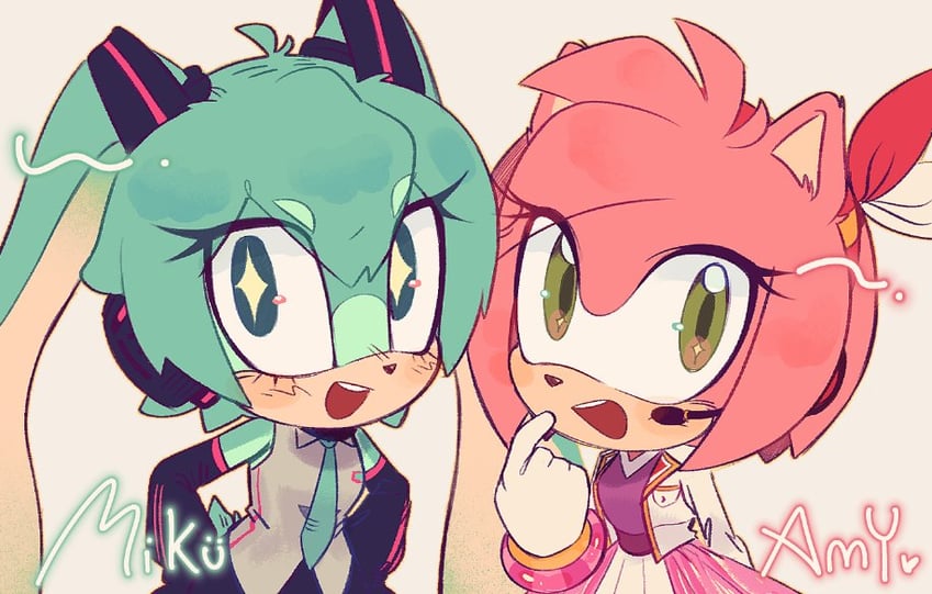 hatsune miku and amy rose (vocaloid and 2 more) drawn by spttngglss