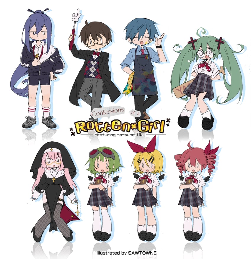 hatsune miku, kagamine rin, megurine luka, kasane teto, kaito, and 3 more (vocaloid and 3 more) drawn by sawtowne