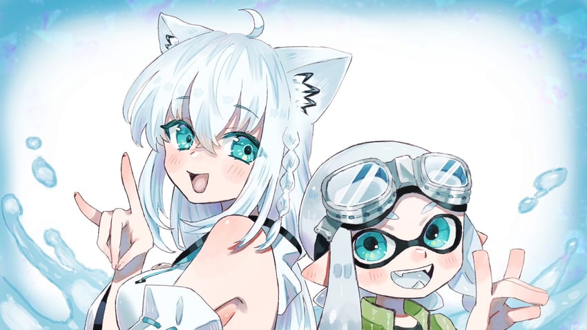 inkling player character, shirakami fubuki, and inkling girl (hololive and 1 more) drawn by plum0o0
