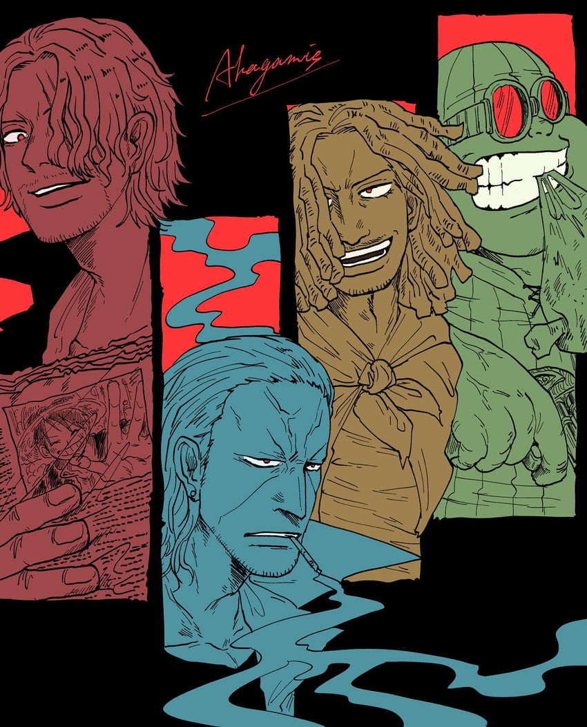 shanks, benn beckman, yasopp, and lucky roux (one piece) drawn by ram3988