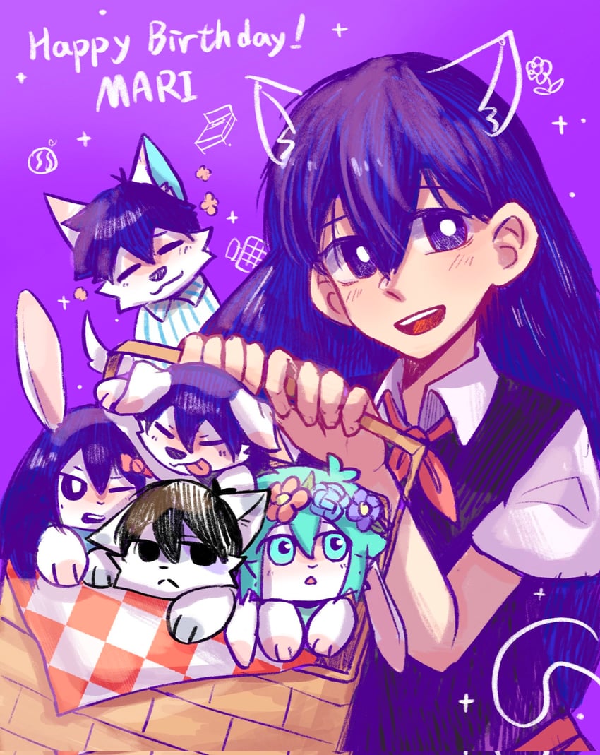 sunny, basil, aubrey, mari, kel, and 1 more (omori) drawn by qinliu_cat