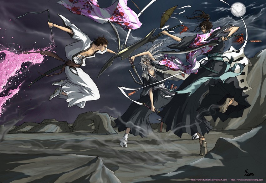 aizen sousuke, kyouraku shunsui, and ukitake juushirou (bleach) drawn by antoine_retaureau