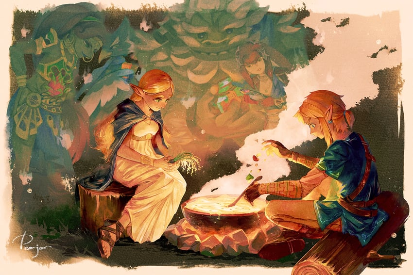 link, princess zelda, mipha, urbosa, revali, and 1 more (the legend of zelda and 1 more) drawn by pearjarrr