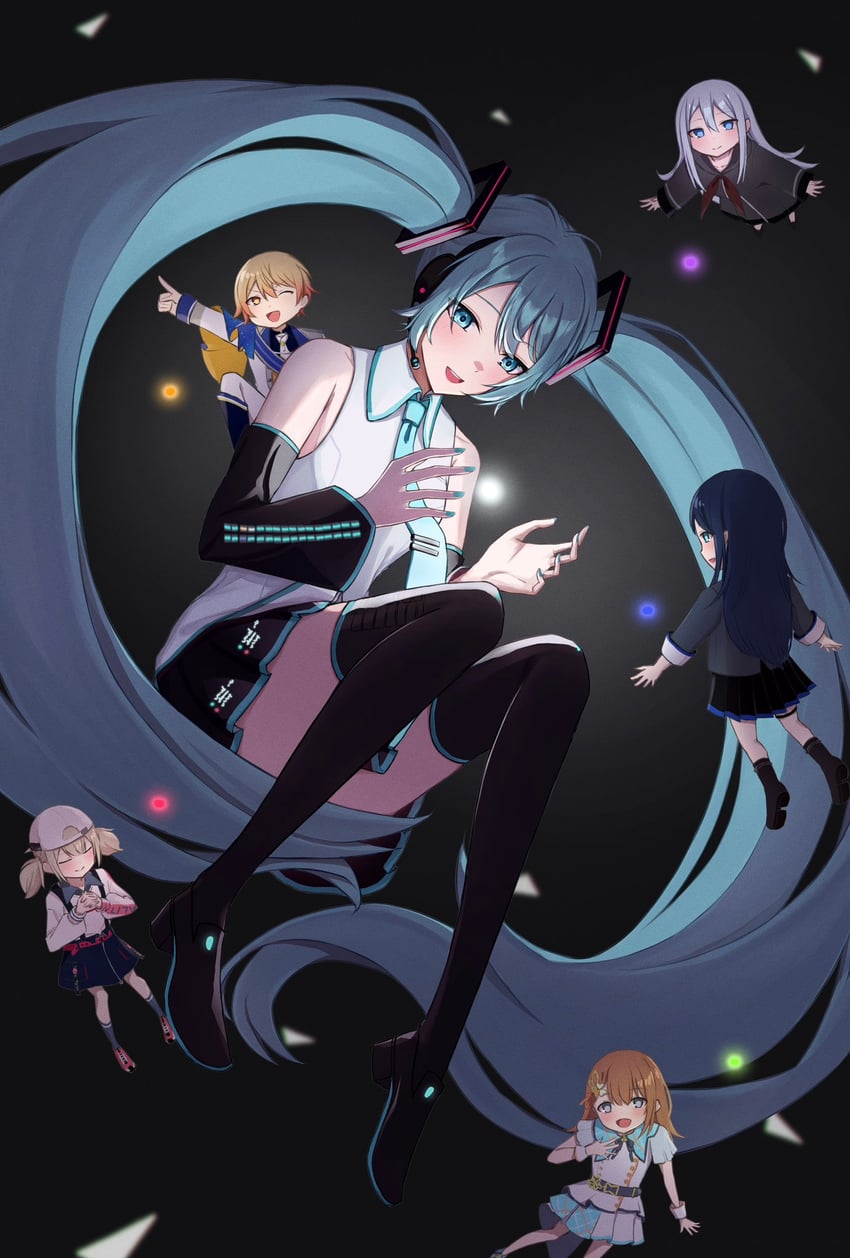 hatsune miku, yoisaki kanade, tenma tsukasa, azusawa kohane, hanasato minori, and 1 more (vocaloid and 1 more) drawn by huran_tea
