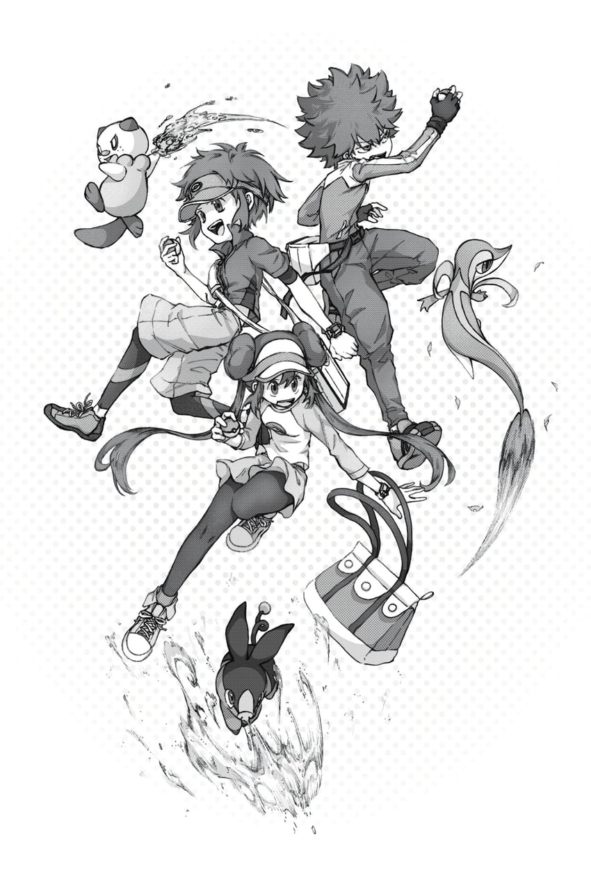 rosa, oshawott, snivy, tepig, nate, and 1 more (pokemon and 1 more) drawn by tan_carbonnn