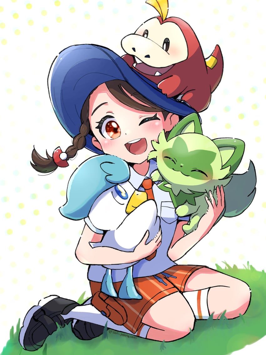 juliana, sprigatito, fuecoco, and quaxly (pokemon and 1 more) drawn by saki_pokeoekaki