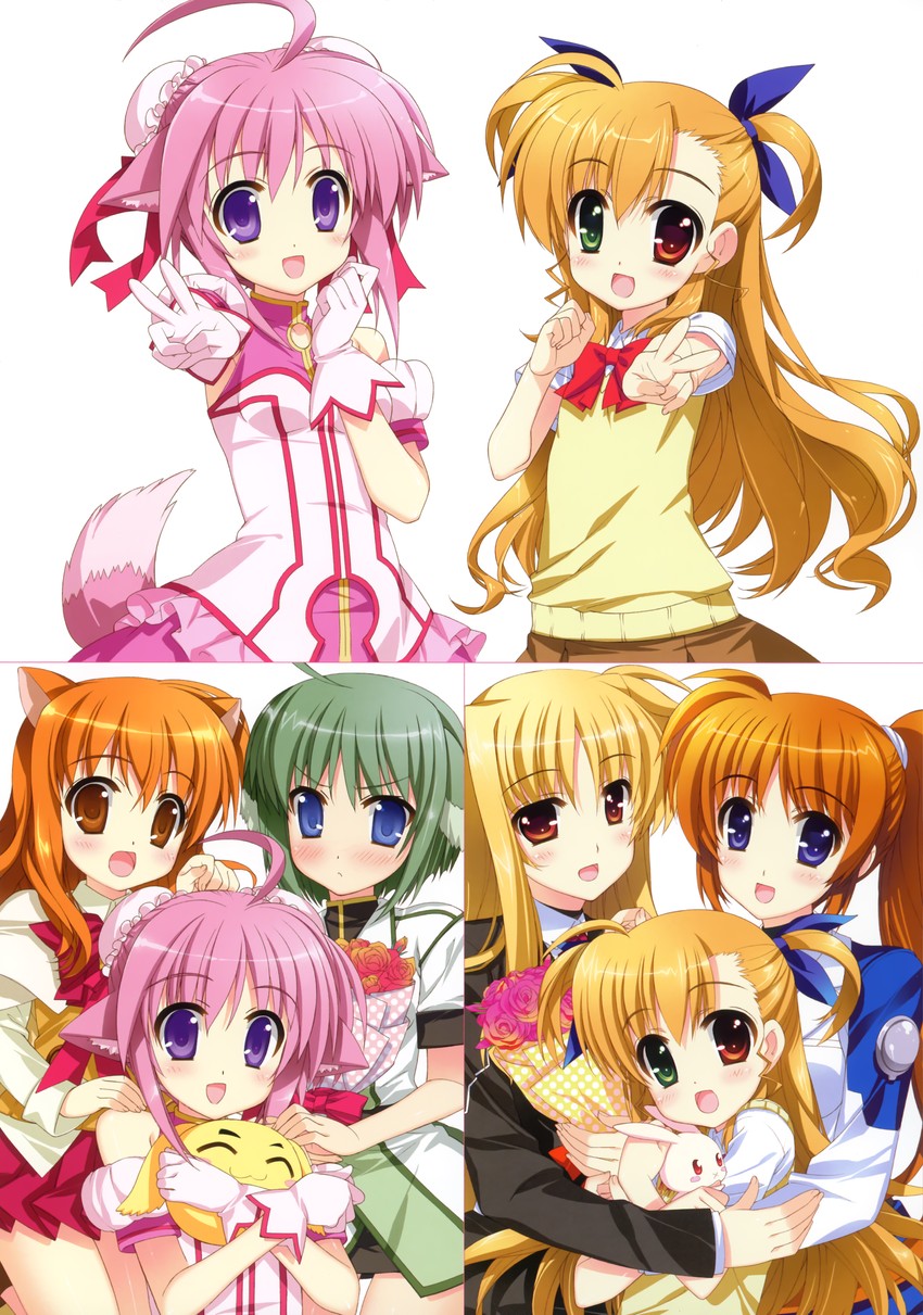 fate testarossa, takamachi nanoha, vivio, millhiore f. biscotti, sacred heart, and 2 more (lyrical nanoha and 2 more) drawn by fujima_takuya