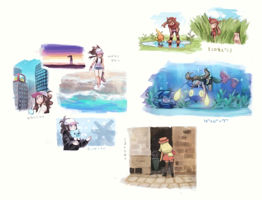 may, hilda, serena, torchic, furret, and 5 more (pokemon and 3 more) drawn by burakku_mutou